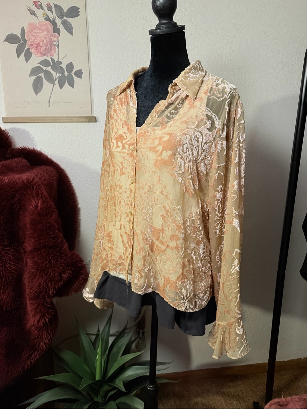 Vintage Tan Sheer Velour Floral Bell Sleeve Button-Down Blouse